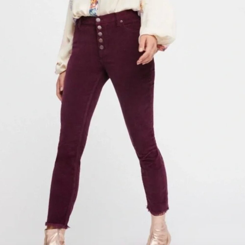 Free People Corduroy Pants 27 Button‎ Fly Plum Ankle Raw Hem Mid Rise